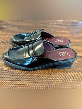 Franco Sarto Women’s Black Patent Slip-On Square Genny Toe Penny Loafers Mule